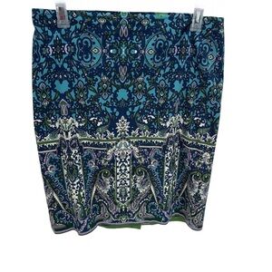 Talbots Straight Skirt Womens Size 14 Blue Paisley Pencil Back Zip Lined Career